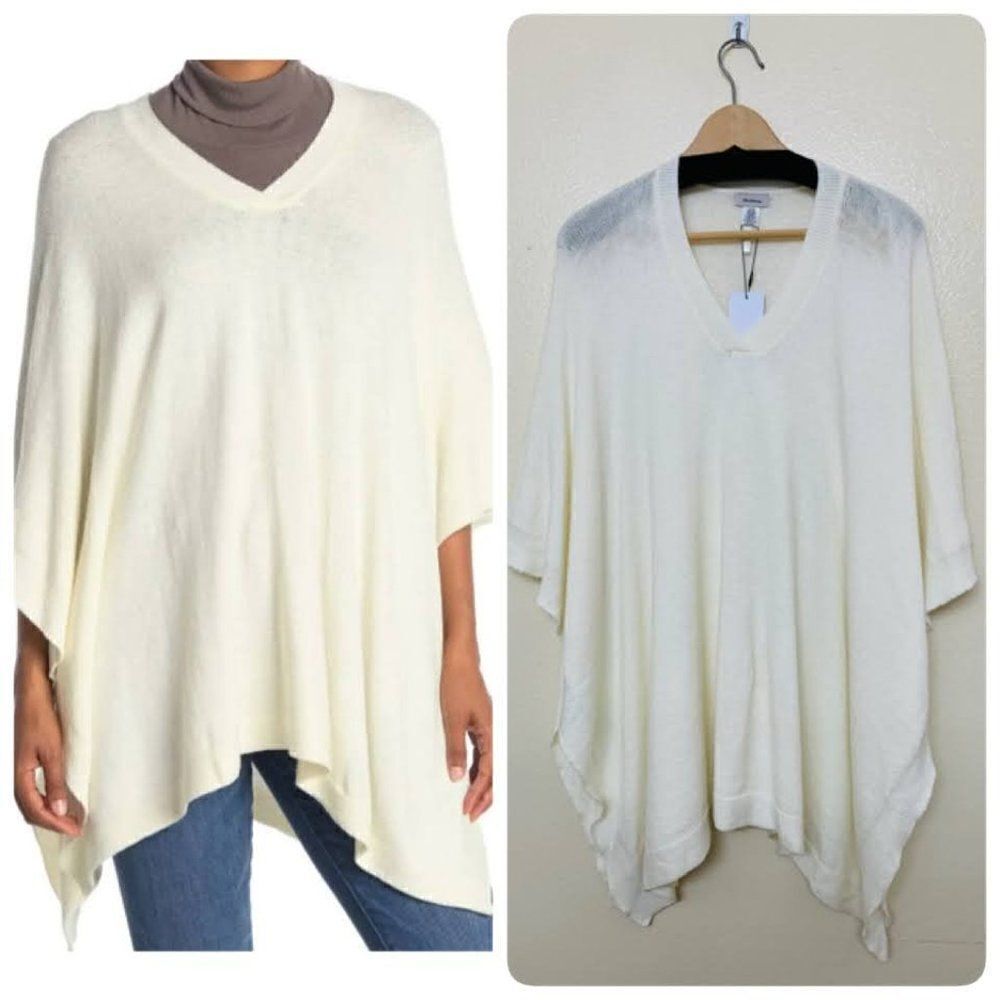 Modena Nordstrom Womens Cottagecore V-Neck Knit Sharkbite Poncho ONE SIZE Ivory